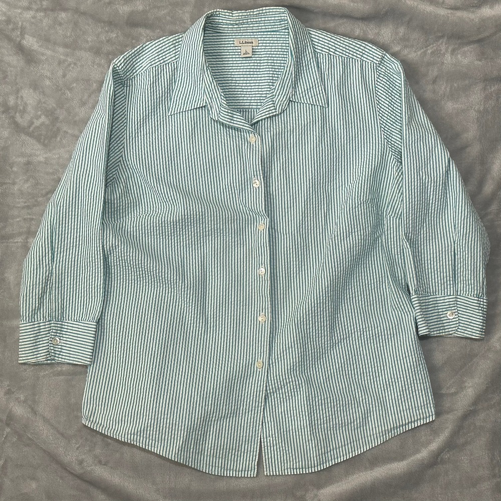 Striped Button-Up Shirt Women's Aqua Blue White Short Sleeve Casual Top‎